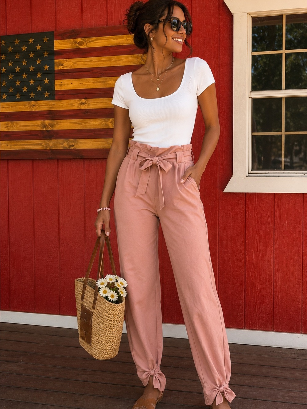 Grace Karin Pink Paperbag Tie-Waist Pants